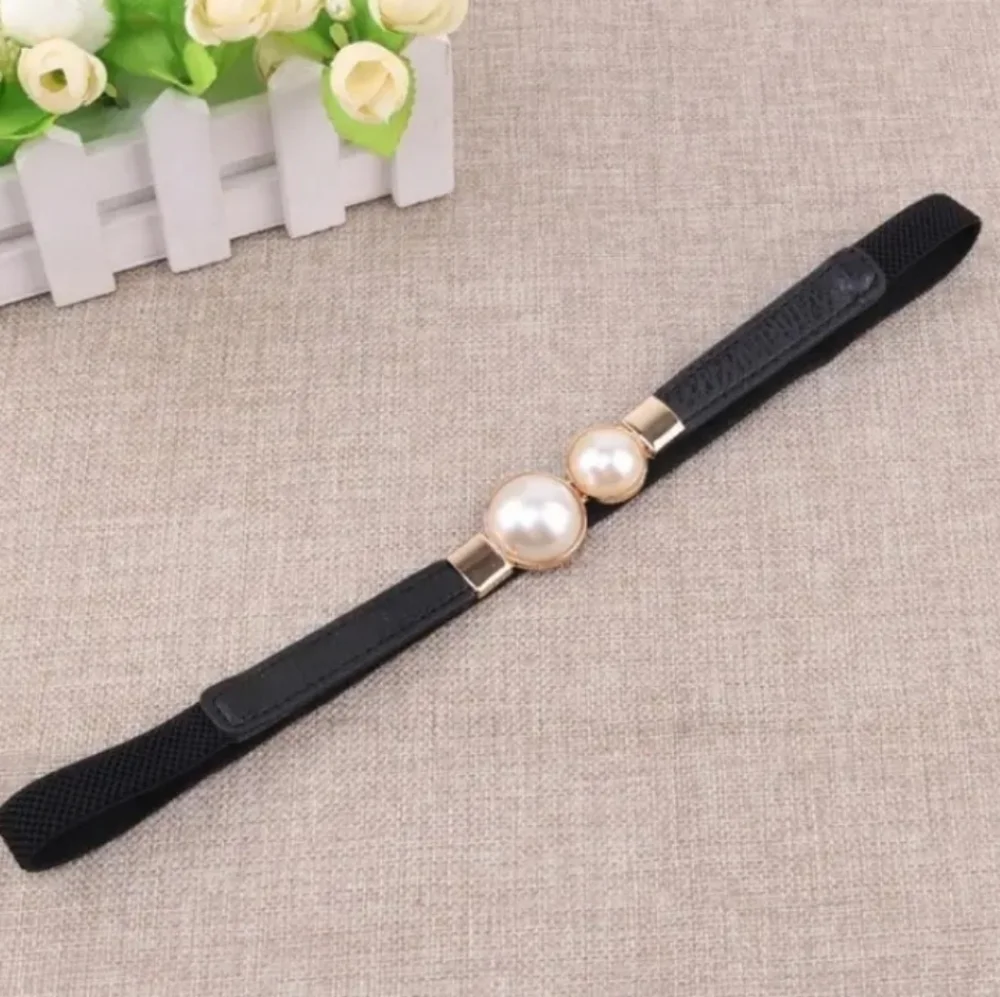 Elegant Black and Gold Stretch Belt with Pearl Accents